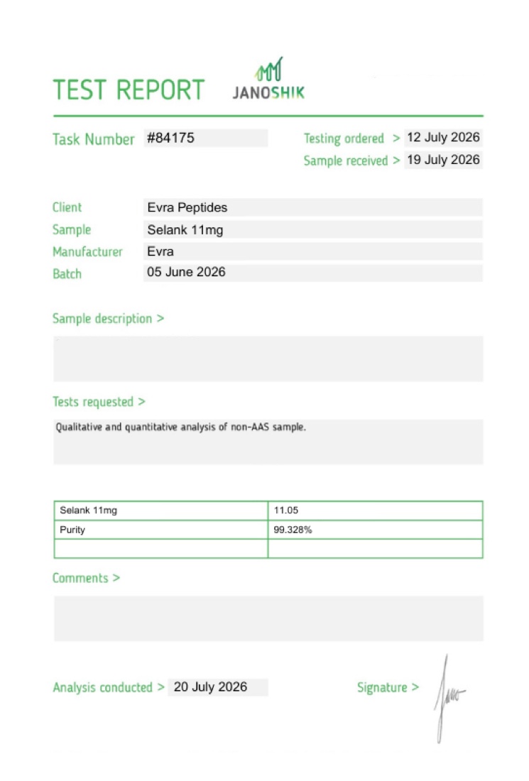 Certificate of analysis for Selank 11mg