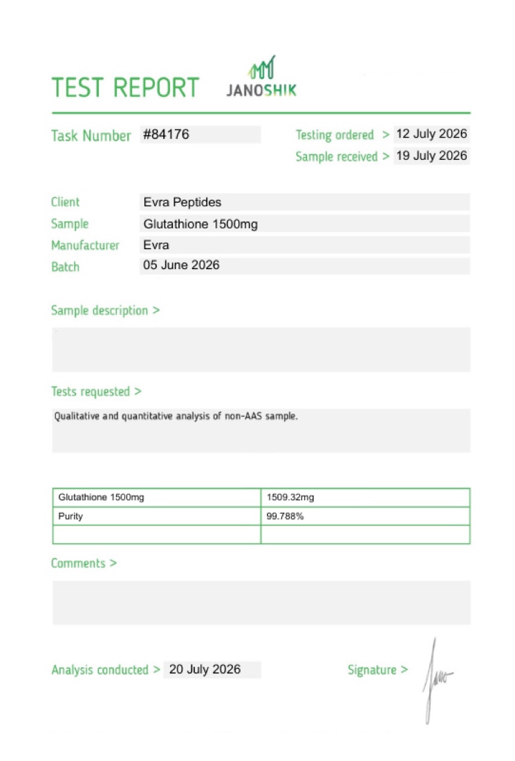 Certificate of analysis for Glutathione 1500mg