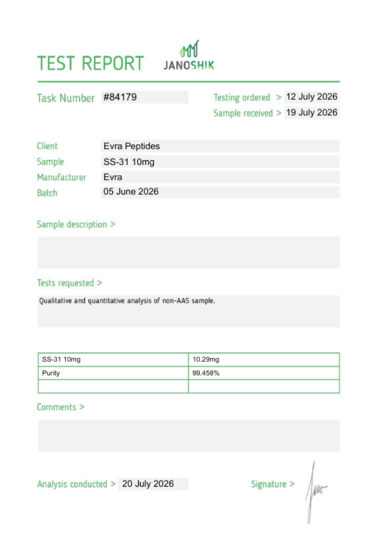 Certificate of analysis for SS-31 10mg