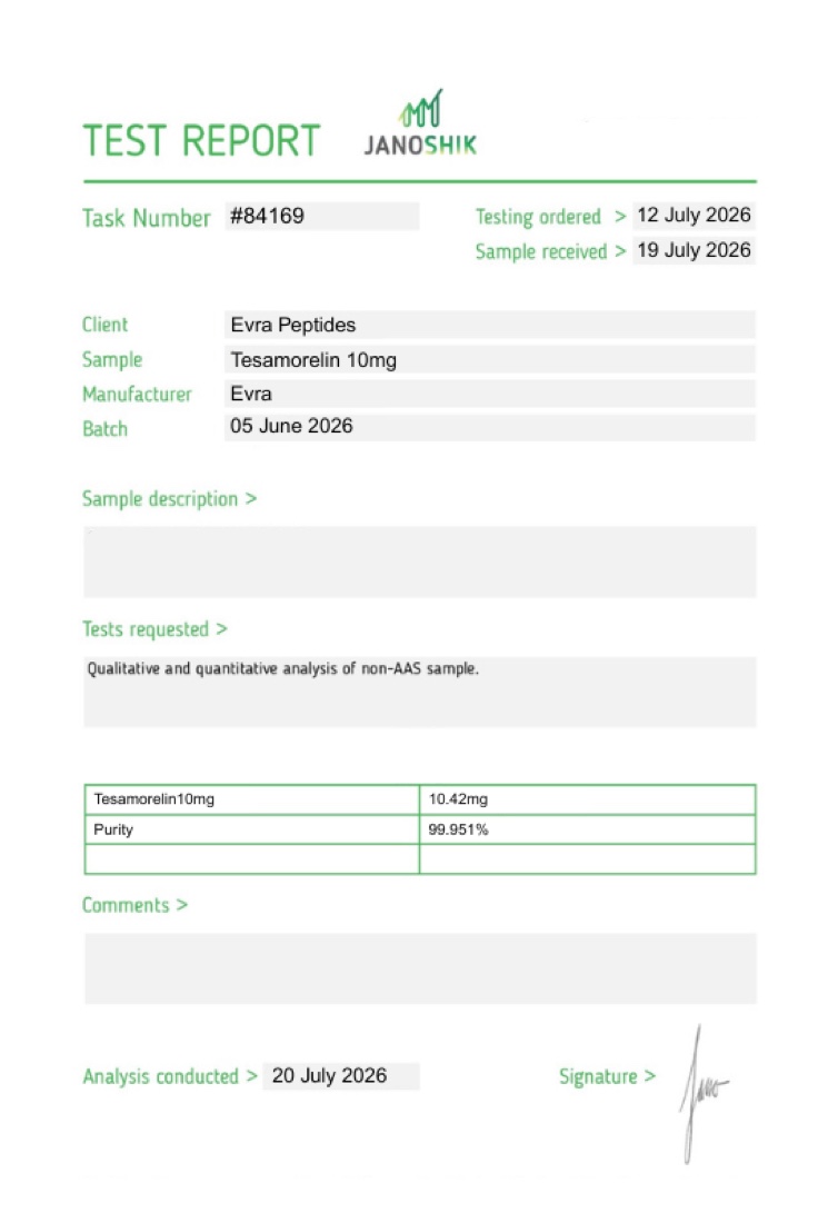 Certificate of analysis for Tesamorelin 10mg